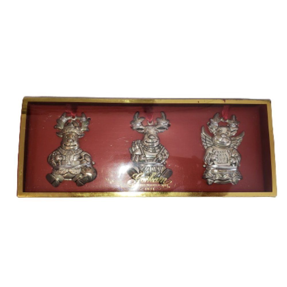 Gorham Silver Plated Reindeer Holiday Tradition Ornaments Set of 3 New In Box :D